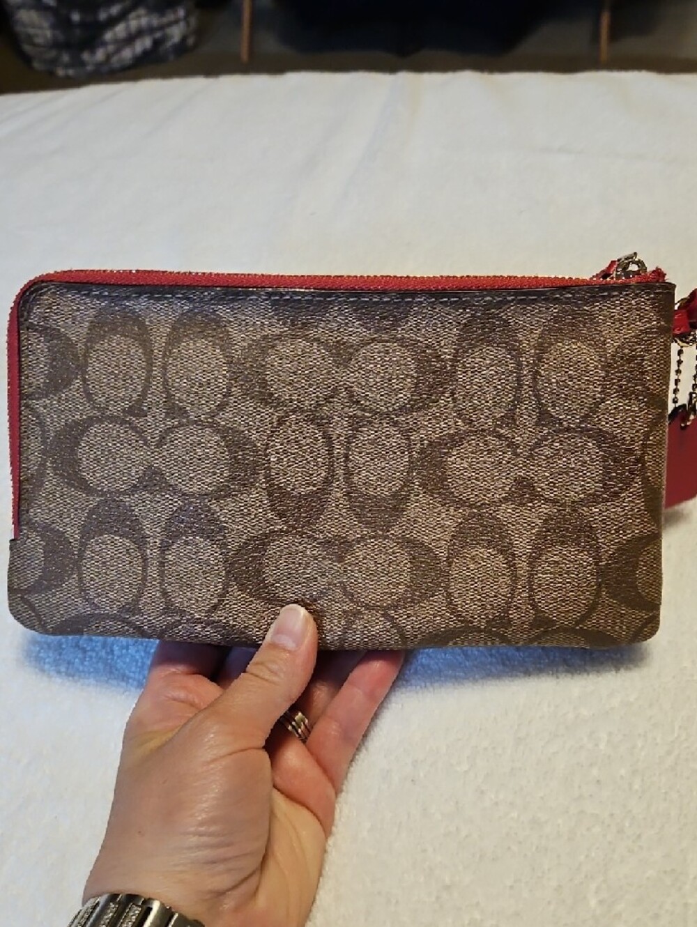 Coach Brown Signature Canvas Wristlet with Red Trim - Picture 6 of 10